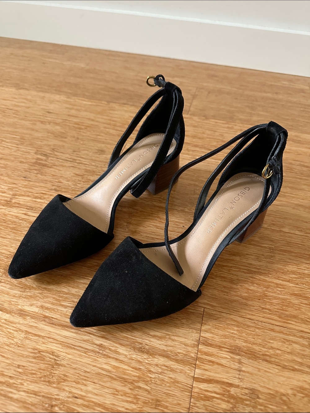 Gibson Latimer Black Pointed-Toe Ankle Tie Pumps